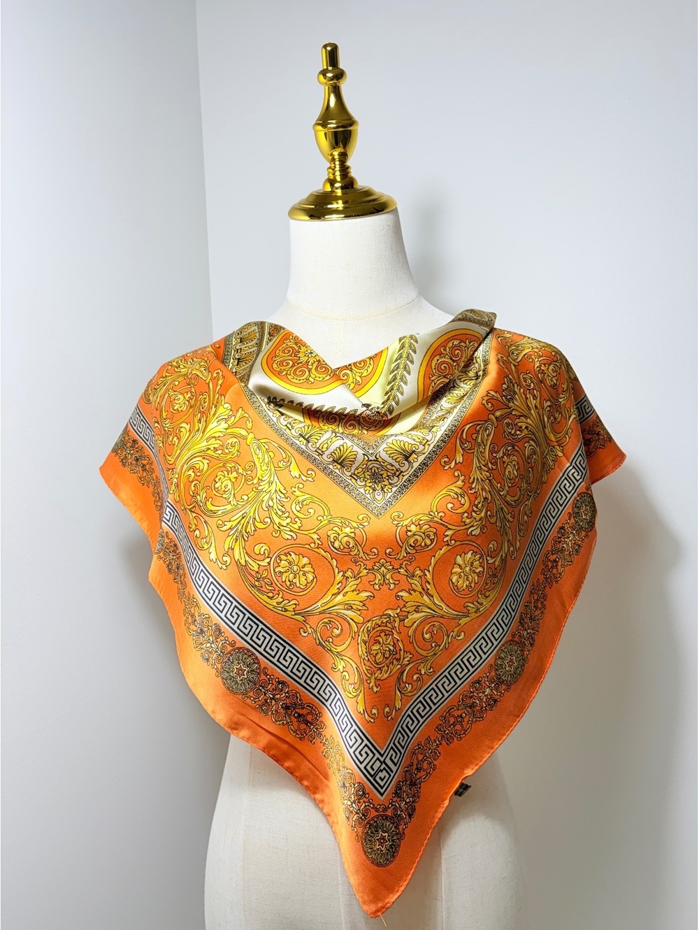 Elegant Orange Scarf with Golden Baroque and Greek Key Pattern